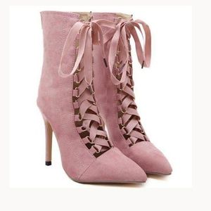 4 inch faux suade heeled pink gladiator booties